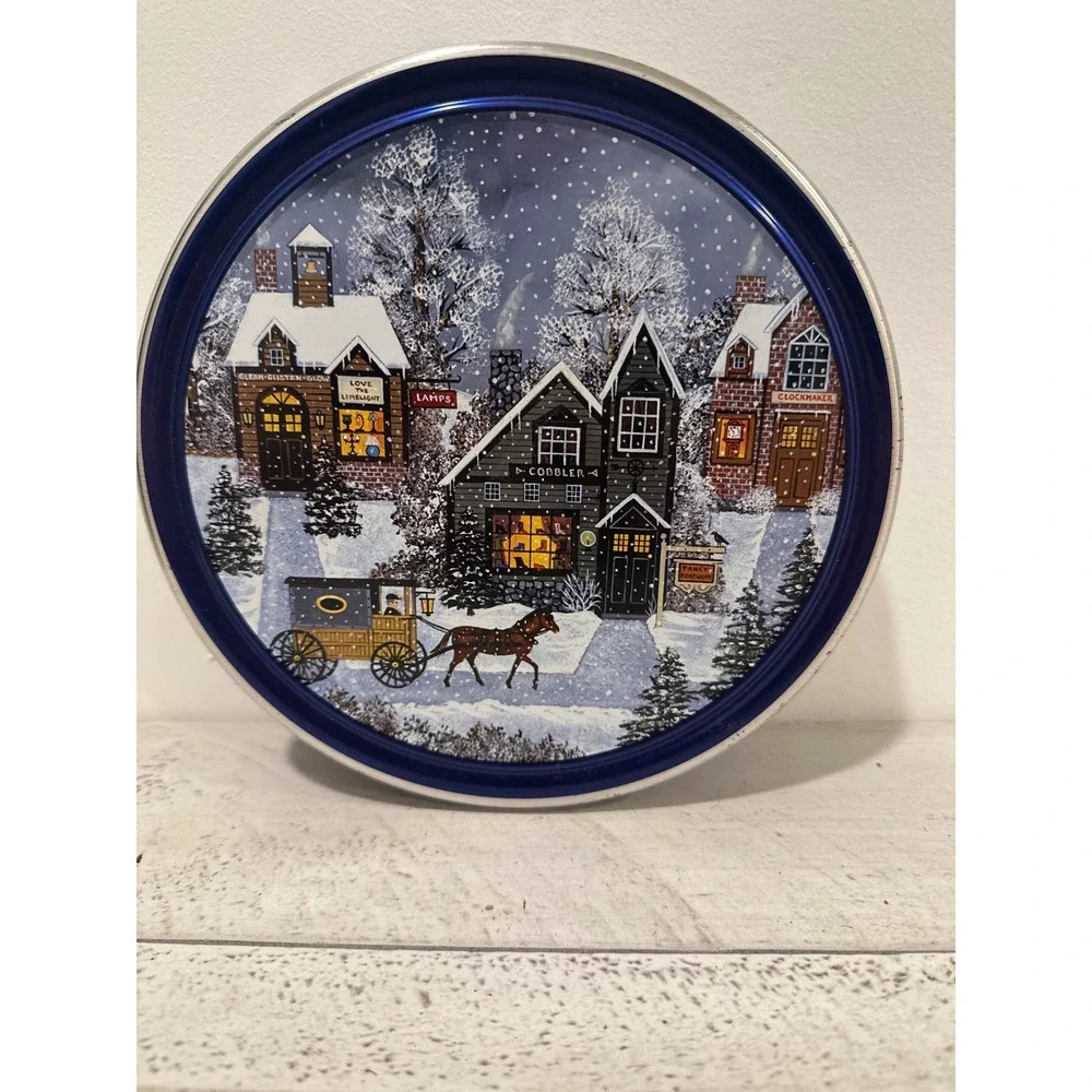 Sams Choice Butter Cookies Tin Winter Village Scene Blue Snowflake Holiday Decor